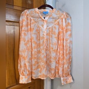 CeCe Orange Floral Toile Blouse Sz M